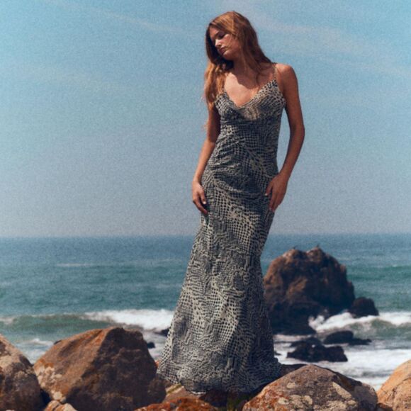 ZARA Sleeveless Cowl Neck Snakeskin Print Slip Maxi Dress Multicolor Small - Picture 5 of 15